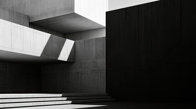 Stark geometric concrete forms create a dramatic play of light and shadow