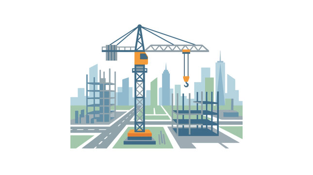 Vector illustration of a construction site with tower crane and building frameworks