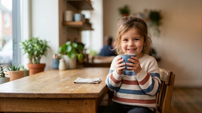 Smiling child holding a cup with both hands while sitting at a wooden table in a cafe. Portrait of young girl wearing striped sweater indoors