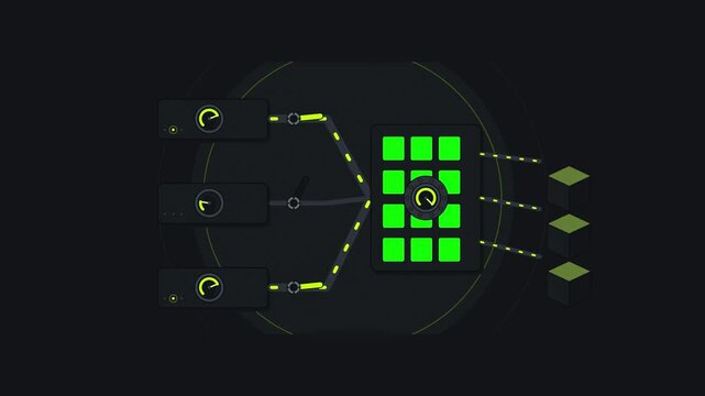 Abstract animated grid load balancing drawn as green and teal lines and shapes on a deep dark background. Seamless looping 4K motion graphics video with free space for text, ideal for sustainability r
