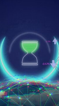 Animation of hourglass icon over data processing and globe