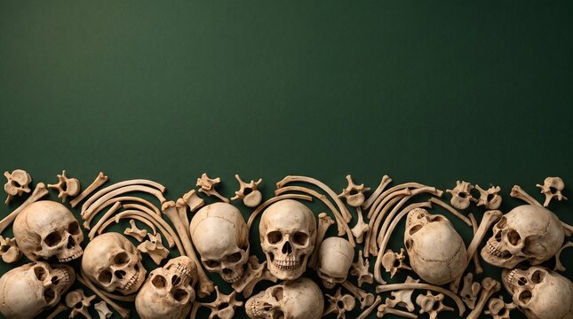 A collection of human skulls and skeletal remains against a dark green background