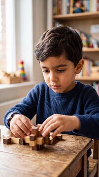 Focused Young Boy Solving Complex Wooden Puzzle