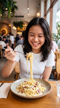 Teenage Girl Enjoying Gourmet Spaghetti Carbonara