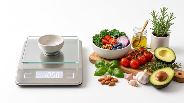 Digital kitchen scale with fresh healthy ingredients for nutrition tracking and meal prep