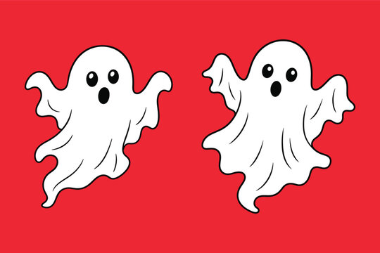 Pair of cute white cartoon ghosts floating on a bold red background, ideal for Halloween designs