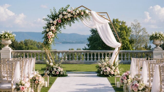 Hexagonal gold wedding arch with floral decorations and drape. Outdoor wedding ceremony venue with lake view, aisle chairs, and flower arrangements. Event design backdrop