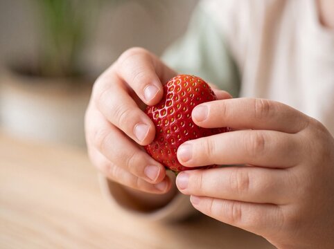 Tactile Discovery: Scandinavian Toddler with Fresh Strawberry Macro