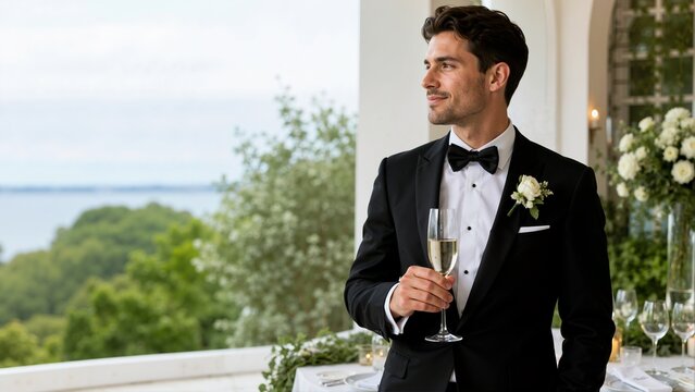 Groom in tuxedo holding a champagne flute on a balcony terrace. Smiling man enjoying scenic water view at wedding venue