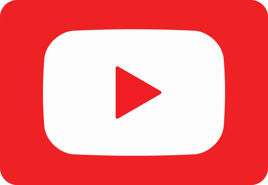 A rectangular red with rounded corners containing a white rounded rectangle and a red play button triangle in the center on white