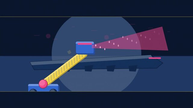 Abstract animated aircraft de-icing boom drawn as blue and cyan lines and shapes on a deep dark background. Seamless looping 4K motion graphics video with free space for text, ideal for technology exp