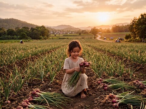 Golden Hour Harvest: Young Southeast Asian Girl in Rustic Onion Field