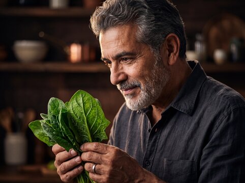Gourmet Vitality: Active Hispanic Senior with Fresh Spinach