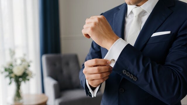Close up of groom adjusting silver cufflink on shirt sleeve. Man getting dressed in navy blue suit for wedding ceremony