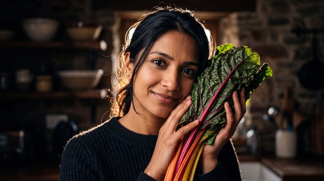 Vibrant Culinary Wellness: Young South Asian Professional with Fresh Swiss Chard