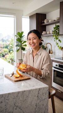 Vibrant Morning Wellness: Young Professional with Fresh Orange POV
