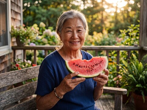 Summer Serenity: Senior East Asian Woman with Fresh Watermelon