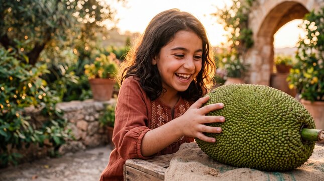 Sun-Kissed Discovery: Cheerful Middle Eastern Girl with Fresh Jackfruit