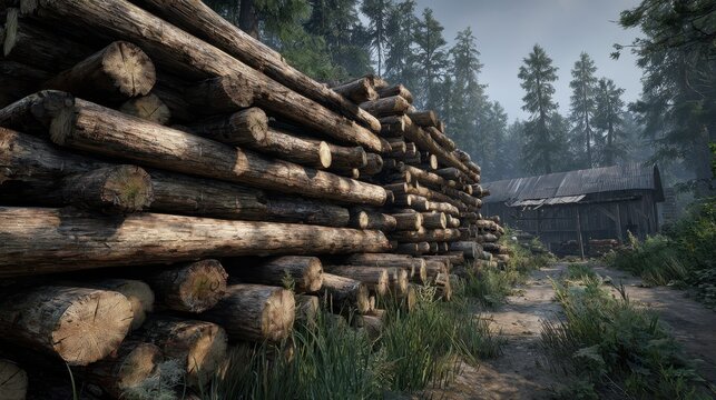 A massive stack of cut timber logs piled high in a lush forest near a rustic barn. Perfect for forestry, logging, and woodworking industry concepts.