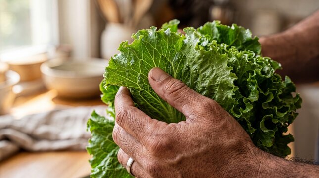 Tactile Freshness: Macro Detail of Experienced Hands with Organic Lettuce