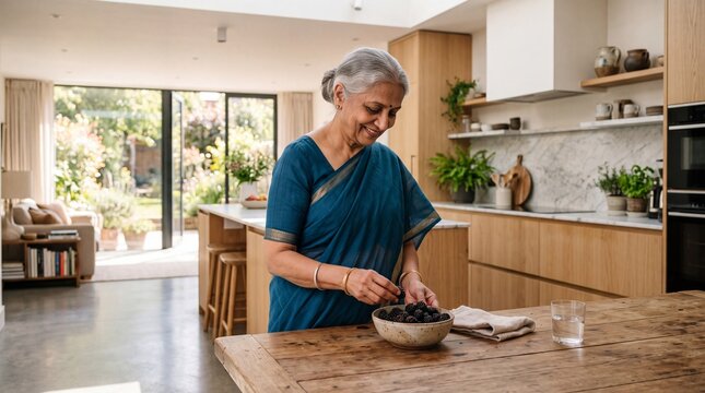 Authentic Golden Years: Senior South Asian Woman with Fresh Blackberries in Sunlit Kitchen