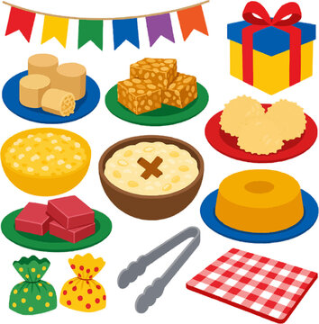 Brazilian Festival Sweets vector illustration collection with pa&ccedil;oca, p&eacute; de moleque, cocada colored golden beige, sweet rice colored warm yellow