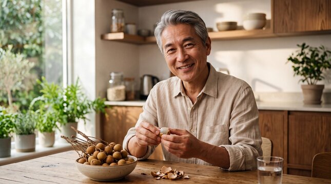 Refined Harvest: Mature East Asian Man Enjoying Fresh Longan in Sunlit Kitchen