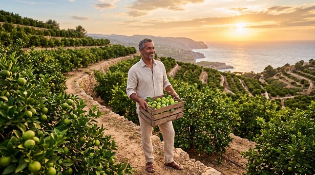Coastal Citrus Harvest: Mature Mixed-Ethnicity Male in Expansive Lime Orchard