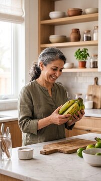 Culinary Tradition: Mature Middle Eastern Woman Preparing Fresh Plantains in Modern Sunlit Kitchen