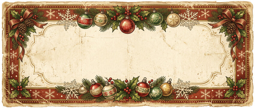Retro Vintage horizontal christmas banner with festive holly, pine cones, bows, snowflakes, and ornaments on a textured border, blank copy space for text