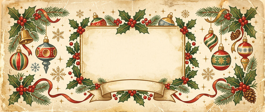 Retro vintage style Christmas horizontal banner with space for text, frame with holly, ornaments, bells, snowflakes, and ribbons on a distressed background