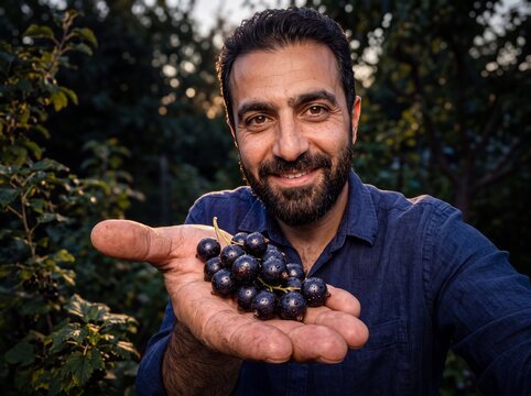 Abundant Harvest: Middle Eastern Man Sharing Fresh Blackcurrants