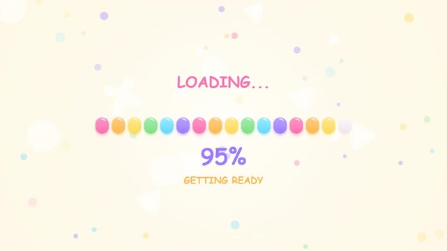 Cute casual game loading bar with colorful rounded shapes, playful animation and cheerful progress indicator. Perfect for mobile games, kids content, gaming interfaces and fun digital projects.