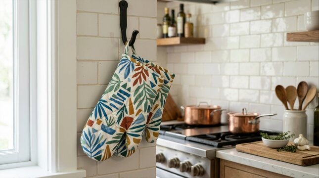 Pair of printed fabric oven mitts hanging on hook on tiled kitchen wall. Potholders in domestic kitchen with copper cookware on stove