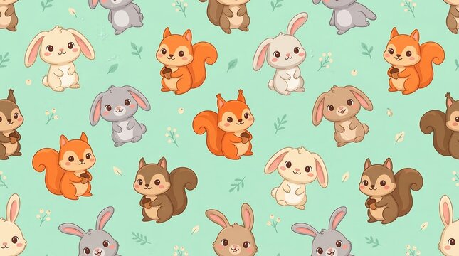 Cute cartoon rabbits and squirrels sitting in a field pattern.