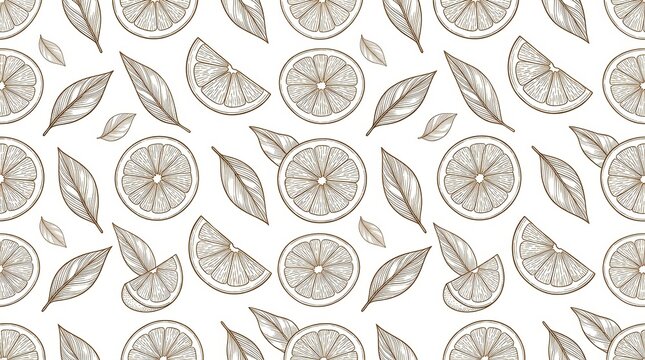Hand drawn citrus fruit and leaves pattern in brown line art