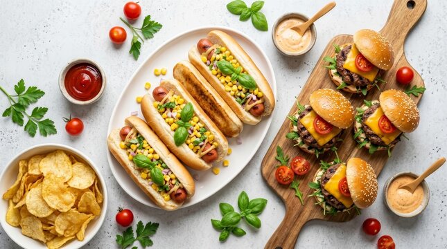 Top view of various homemade hot dogs and burgers on a party dinner table.