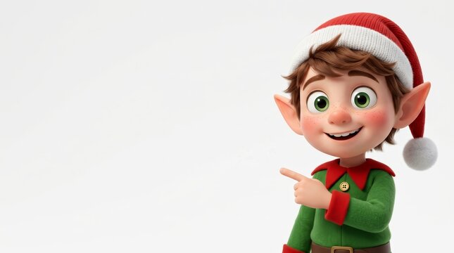 Cute cartoon elf character pointing to the side on a white background.