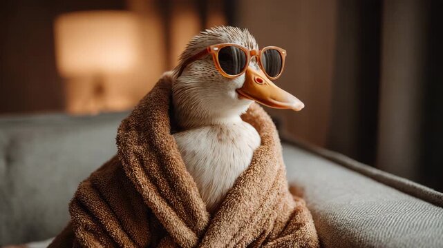 Pet duck wearing a bathrobe and funny sunglasses sitting calmly on a contemporary sofa soft indoor lighting clean background humorous tone