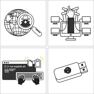 Cybersecurity and ethical hacking line icon set, black and white outline illustrations of hacker surveillance, malware USB, exploit code, network attack