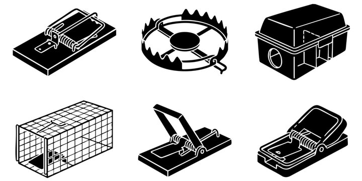 Black and white vector icon set of various pest control and rodent catching traps in isometric design