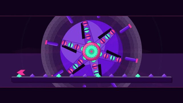 Abstract animated tunnel boring cutterhead drawn as violet and blue lines and shapes on a deep dark background. Seamless looping 4K motion graphics video with free space for text, ideal for industry e
