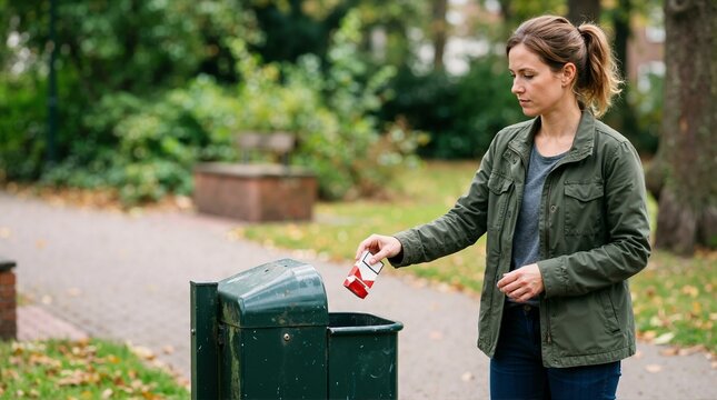 Woman throwing cigarette pack into public trash bin outdoors. Person quitting smoking concept in park
