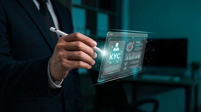 Businessman using a digital pen to interact with a futuristic KYC Know Your Customer interface.