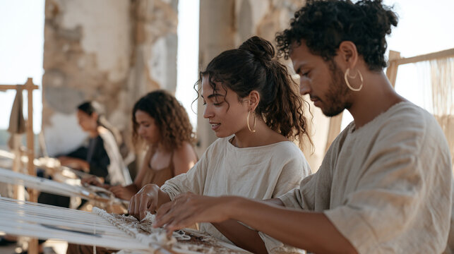 Tapestry weavers working in a group in a sun-bleached abandoned warehouse, handlooms stretched across crumbling walls, minority artisan founders weaving together in a desolate