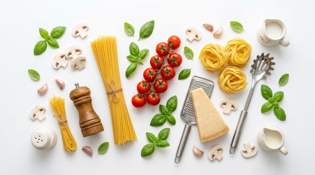 Raw spaghetti and fettuccine nests with ingredients for cooking pasta