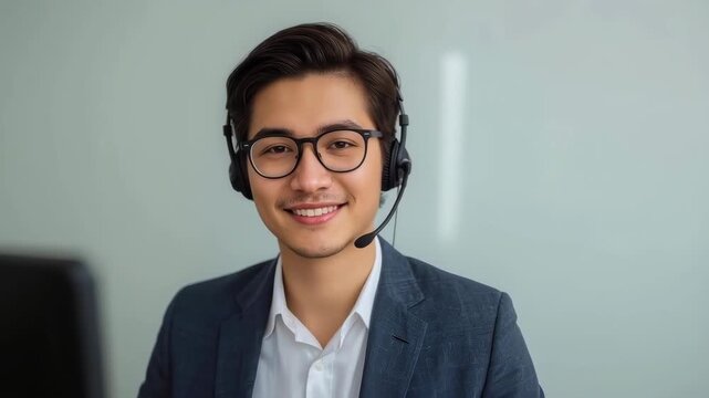 Young Asian Male Customer Service Agent Wearing Headset for Remote Support Call