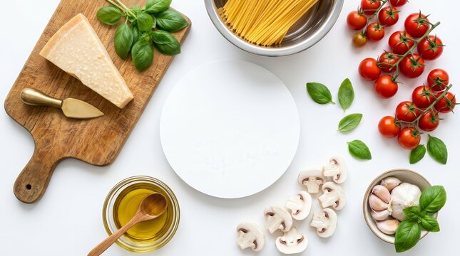 Top view of dry spaghetti and various ingredients for cooking pasta on a white background.
