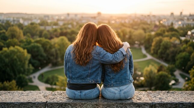 Two women sitting in a city park admiring the beautiful sunset view from behind.