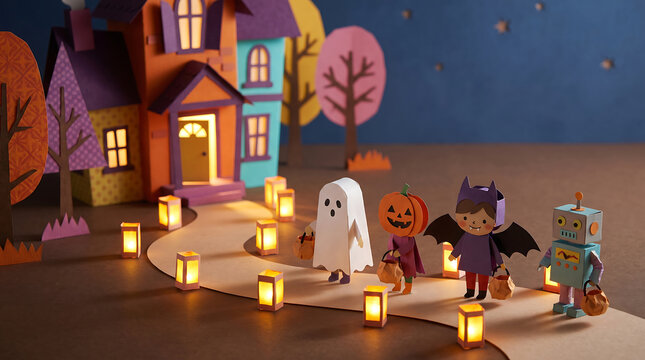 Whimsical paper art scene: fun halloween activities with costumed figures trick-or-treating at a creative paper house.